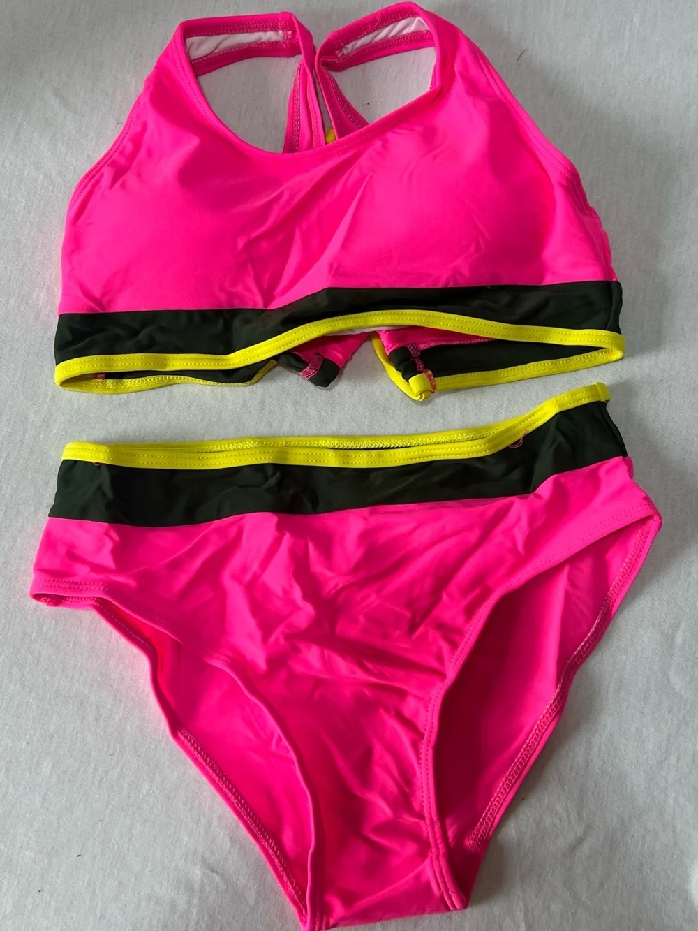 Girls' Neon Pink Two-Piece Swim Set with Black and Yellow Trim